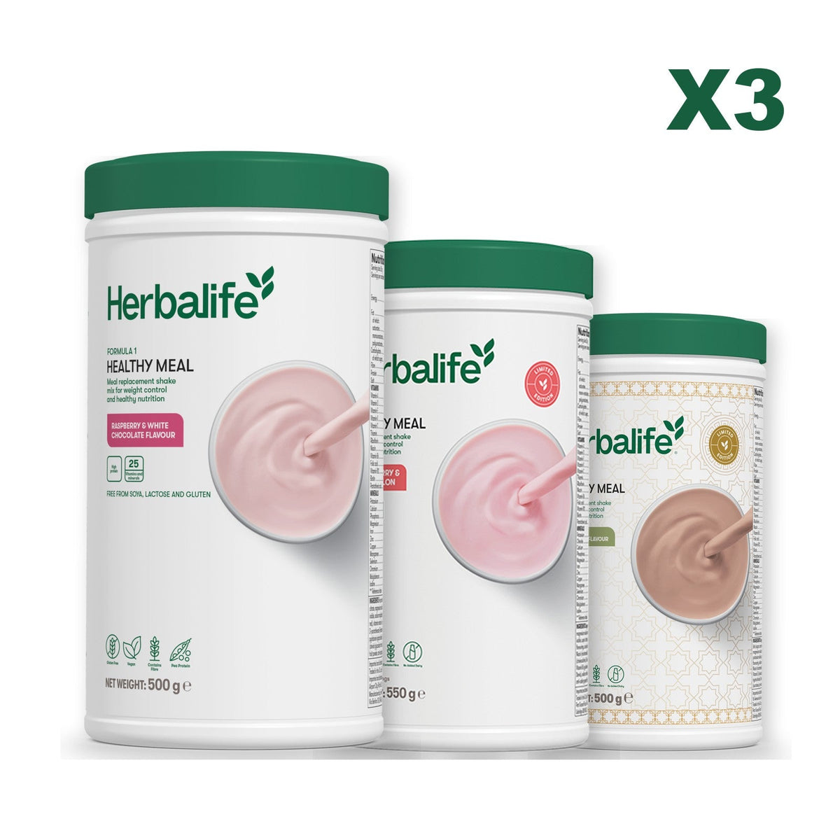Three Formula 1 shake tubs led by Free From Raspberry and White Chocolate, plus two flavours you choose, Strawberry Watermelon / Dubai Style Chocolate