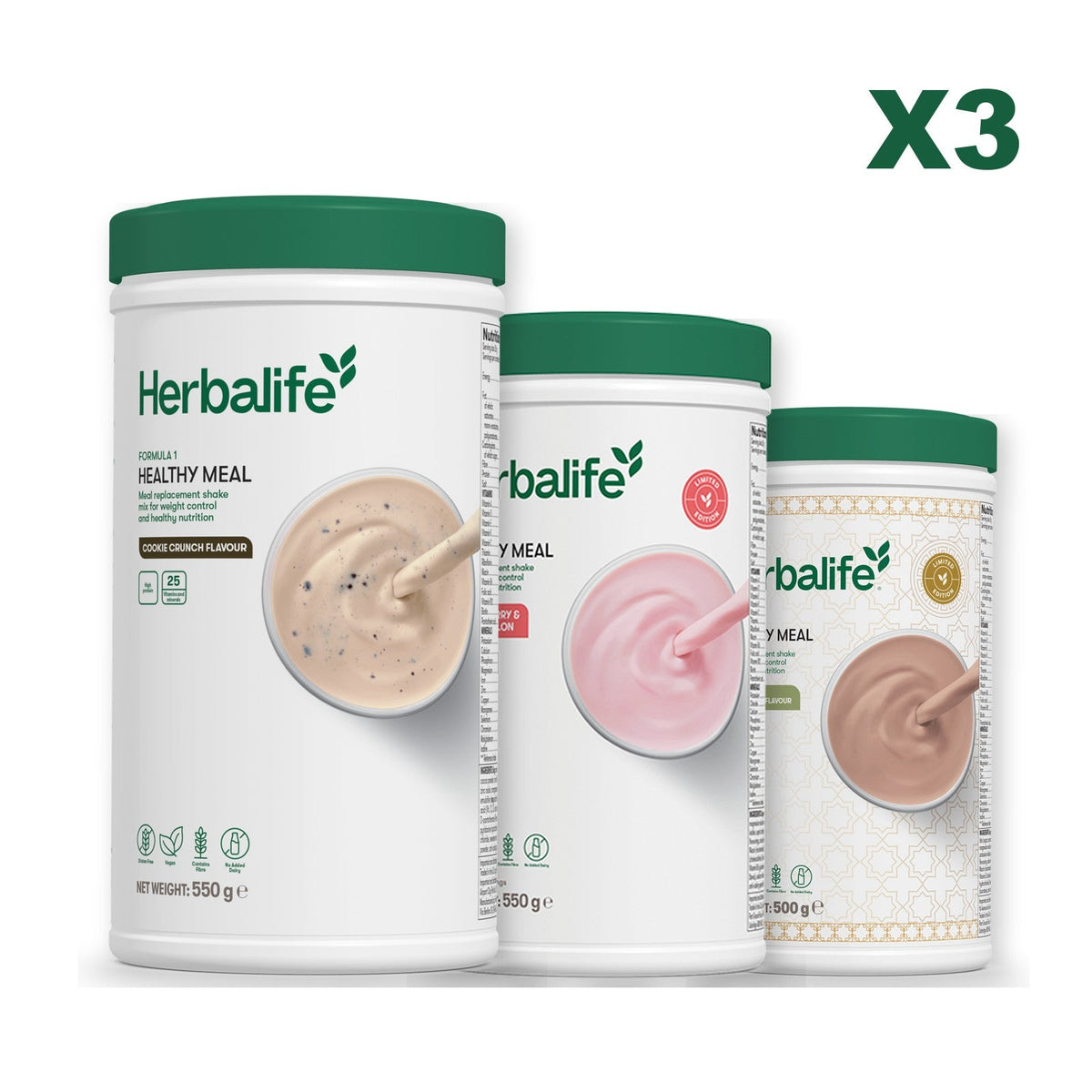 Three Formula 1 shake tubs led by Cookie Crunch, plus two flavours you choose, Strawberry Watermelon / Dubai Style Chocolate