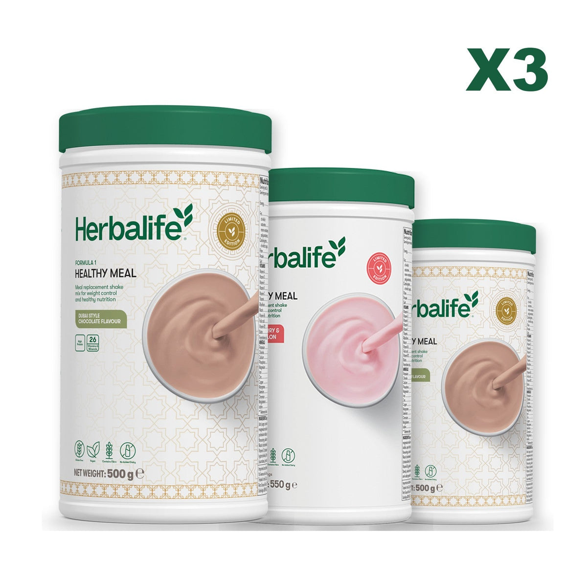 Formula 1 Dubai Style Chocolate meal shake tub shown with two further Formula 1 tubs, Strawberry Watermelon / Dubai Style Chocolate