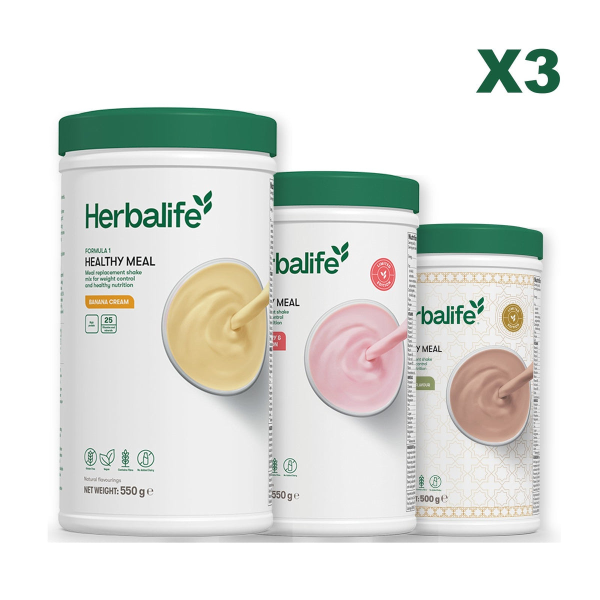 Three Formula 1 shake tubs led by Banana Cream, plus two flavours you choose, Strawberry Watermelon / Dubai Style Chocolate