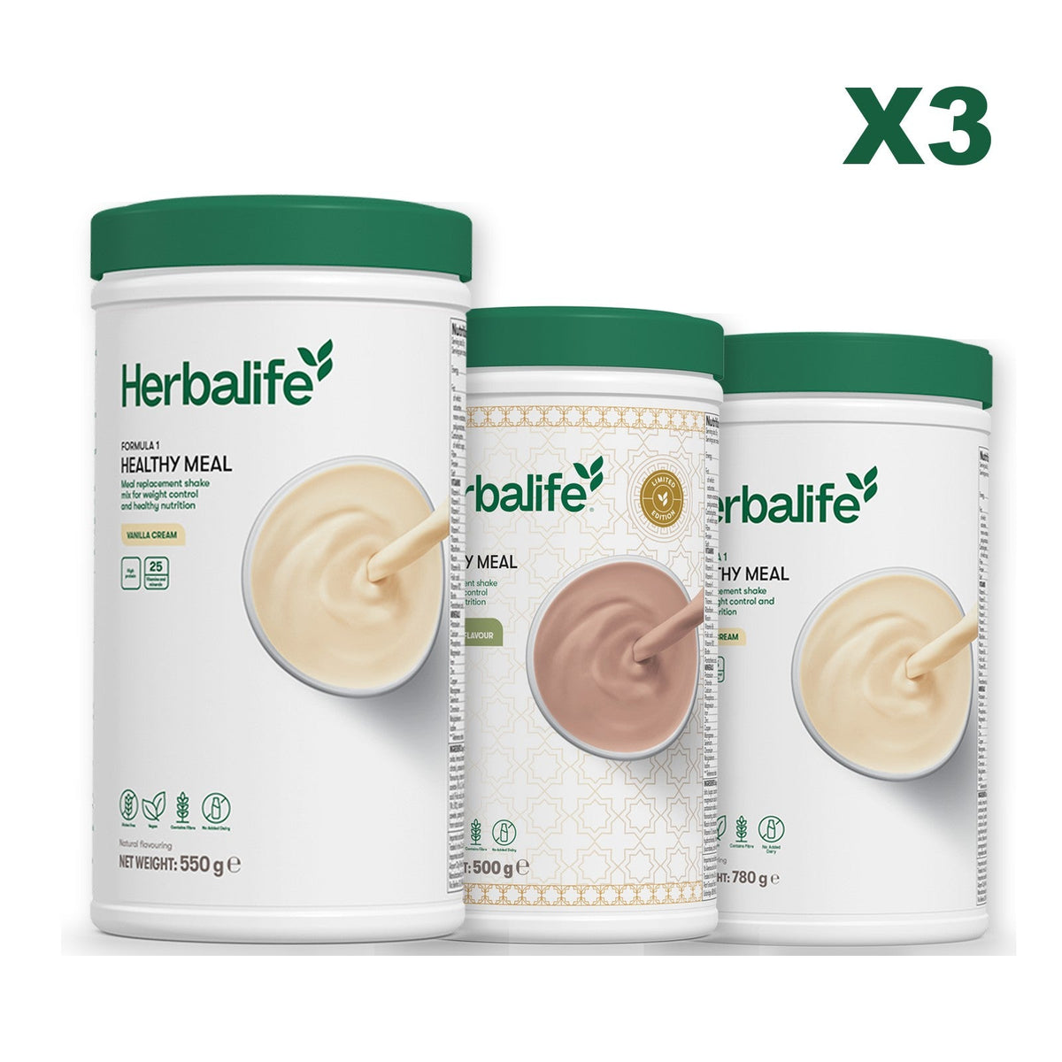 Three Formula 1 shake tubs led by Vanilla Cream, plus two flavours you choose, Dubai Style Chocolate / Vanilla (Large 780g)