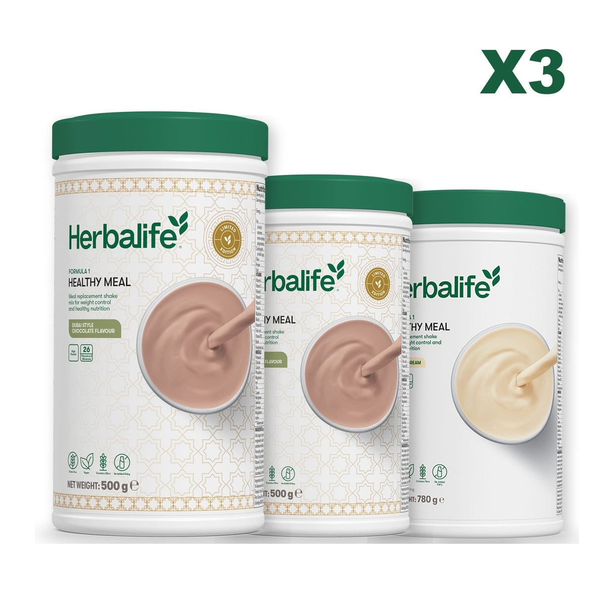 Formula 1 Dubai Style Chocolate meal shake tub shown with two further Formula 1 tubs, Dubai Style Chocolate / Vanilla (Large 780g)