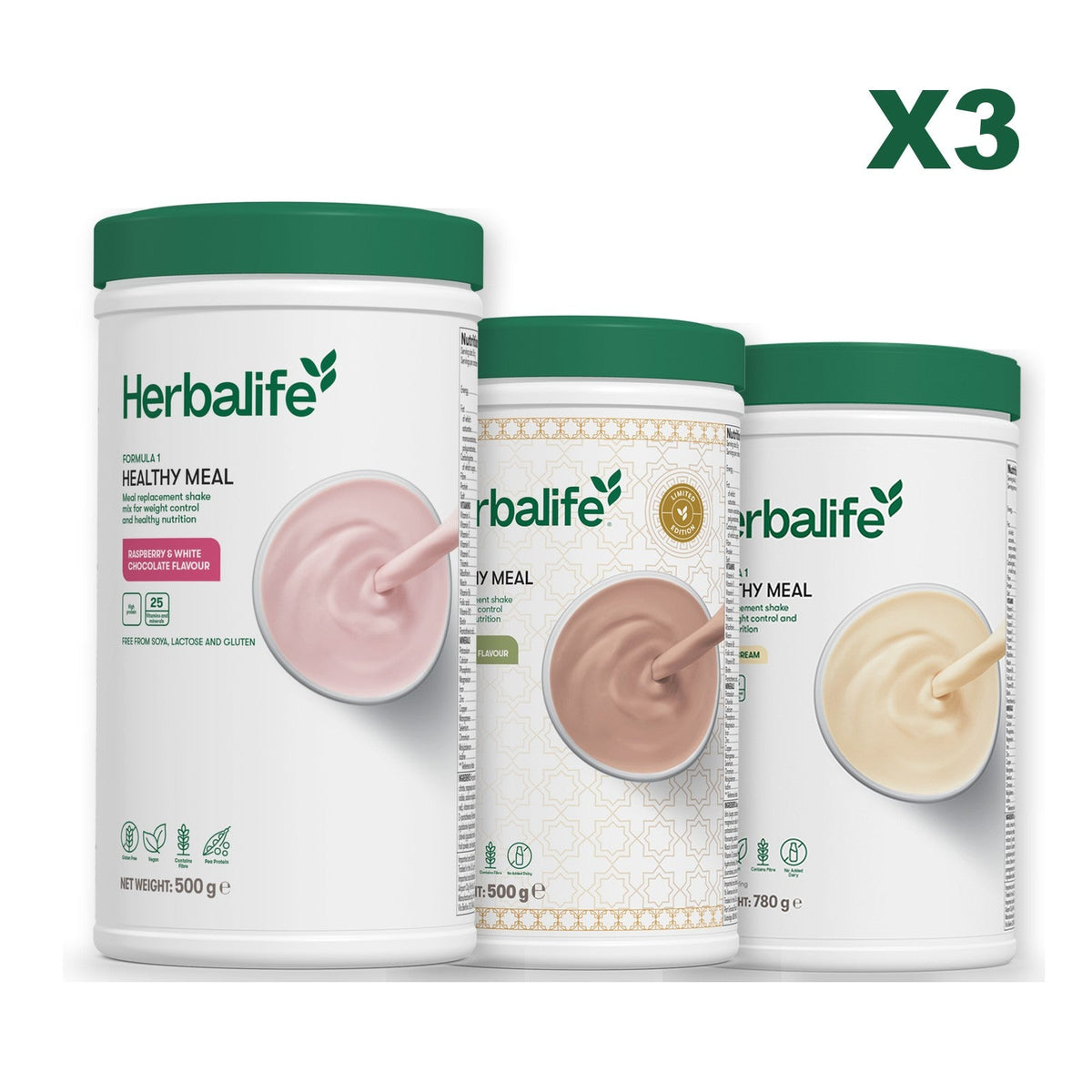 Three Formula 1 shake tubs led by Free From Raspberry and White Chocolate, plus two flavours you choose, Dubai Style Chocolate / Vanilla (Large 780g)