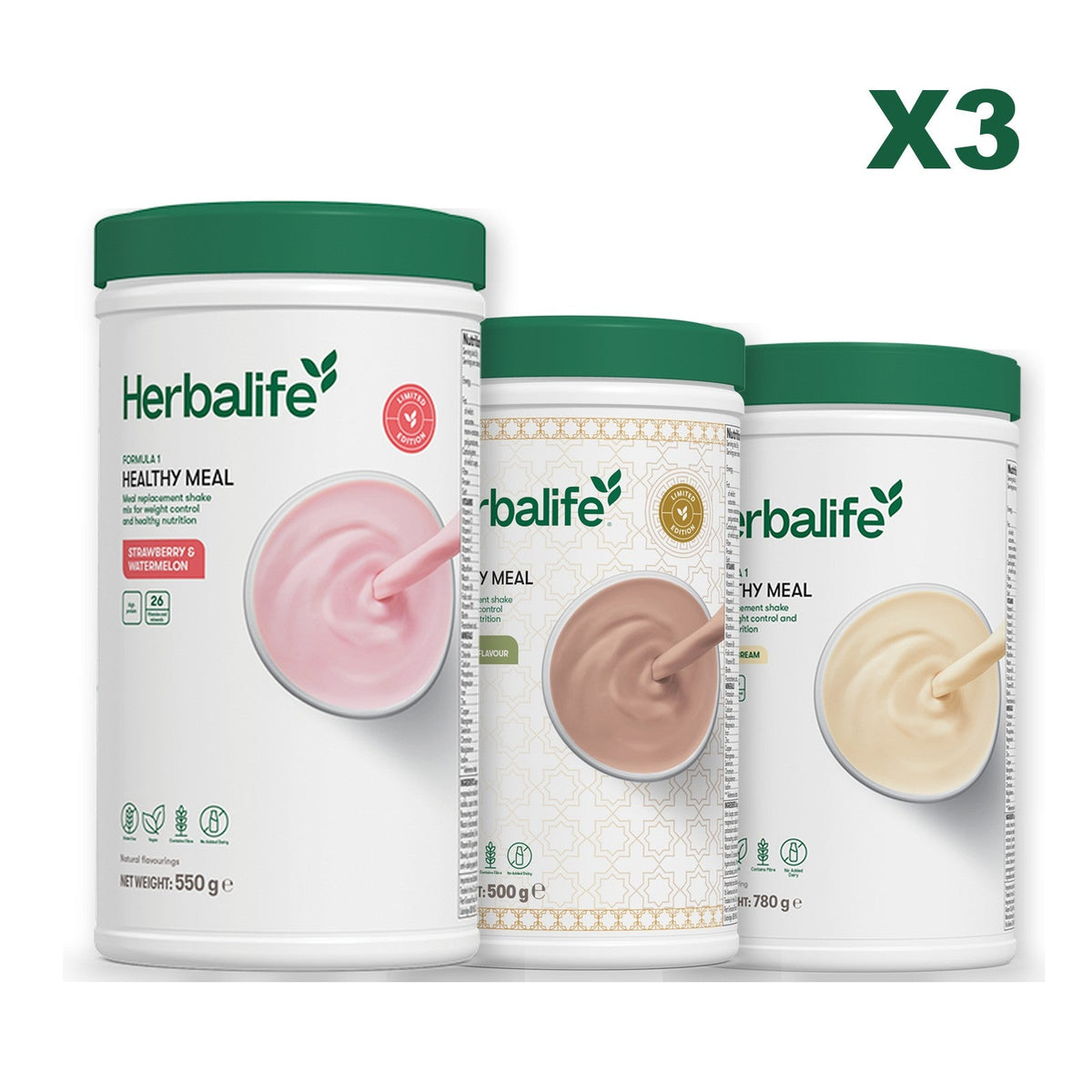 Formula 1 Strawberry Watermelon meal shake tub shown with two further Formula 1 tubs, Dubai Style Chocolate / Vanilla (Large 780g)