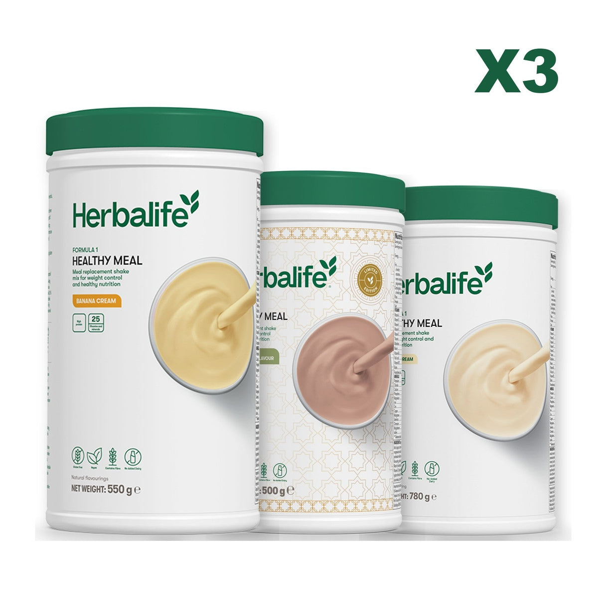 Three Formula 1 shake tubs led by Banana Cream, plus two flavours you choose, Dubai Style Chocolate / Vanilla (Large 780g)