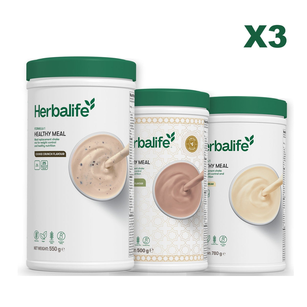 Three Formula 1 shake tubs led by Cookie Crunch, plus two flavours you choose, Dubai Style Chocolate / Vanilla (Large 780g)