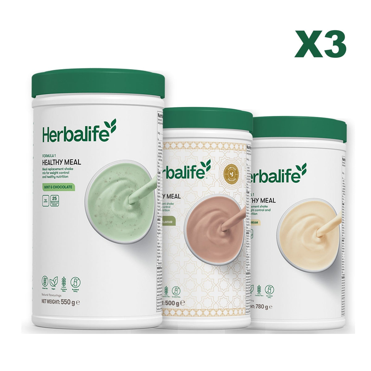 Three Formula 1 shake tubs led by Mint Chocolate, plus two flavours you choose, Dubai Style Chocolate / Vanilla (Large 780g)