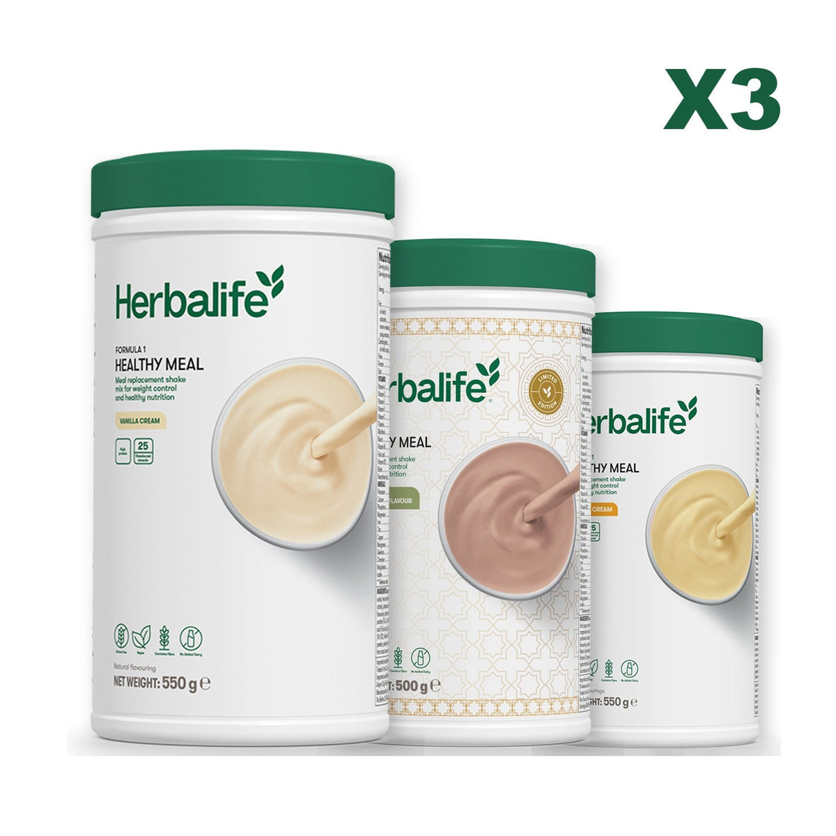 Three Formula 1 shake tubs led by Vanilla Cream, plus two flavours you choose, Dubai Style Chocolate / Banana Cream