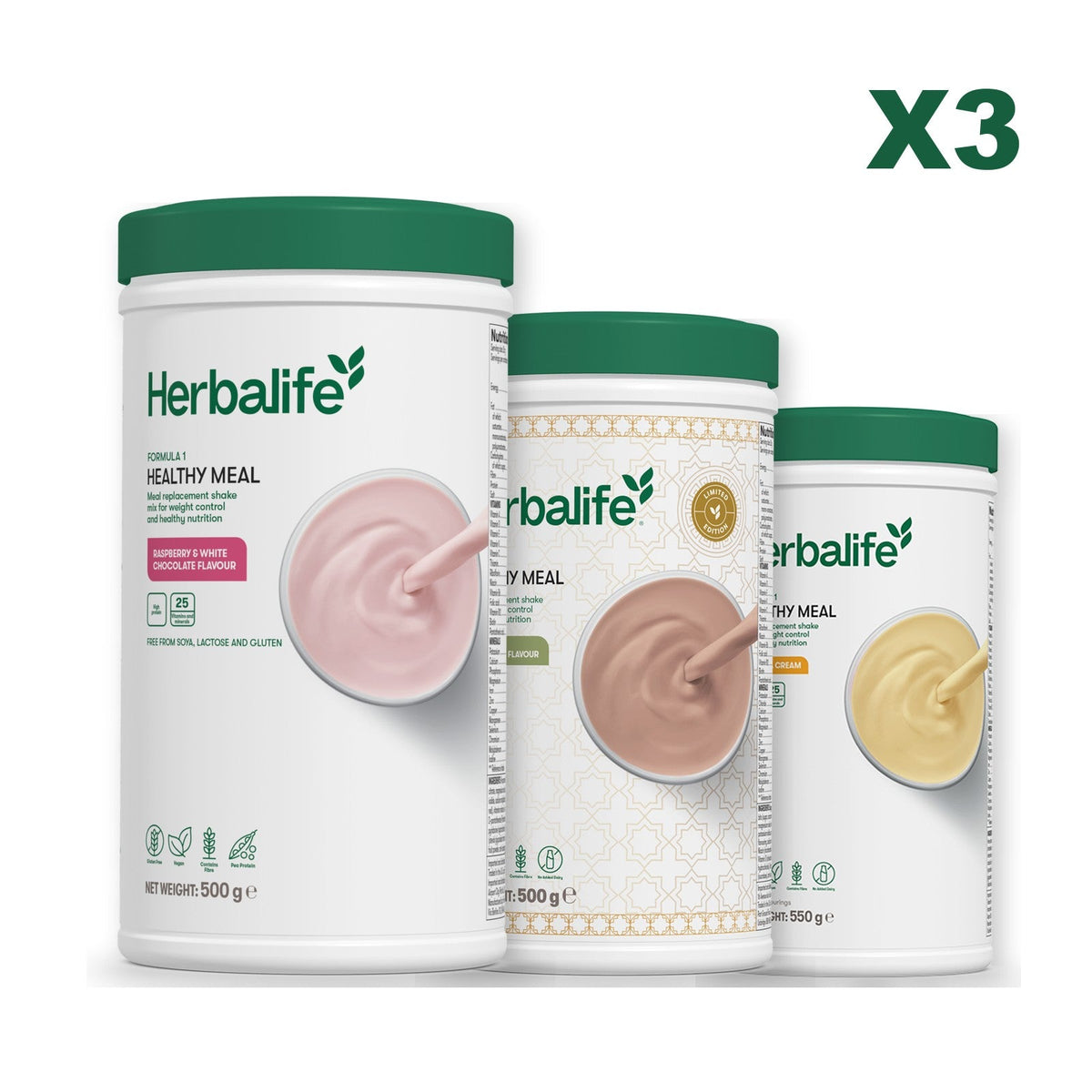 Three Formula 1 shake tubs led by Free From Raspberry and White Chocolate, plus two flavours you choose, Dubai Style Chocolate / Banana Cream