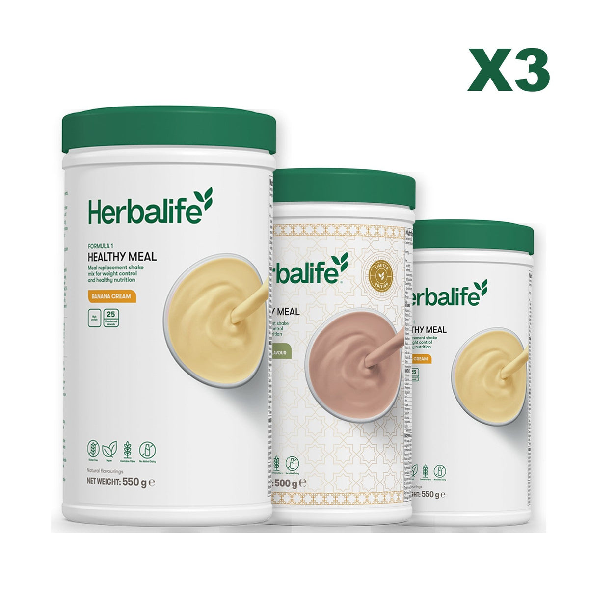 Three Formula 1 shake tubs led by Banana Cream, plus two flavours you choose, Dubai Style Chocolate / Banana Cream