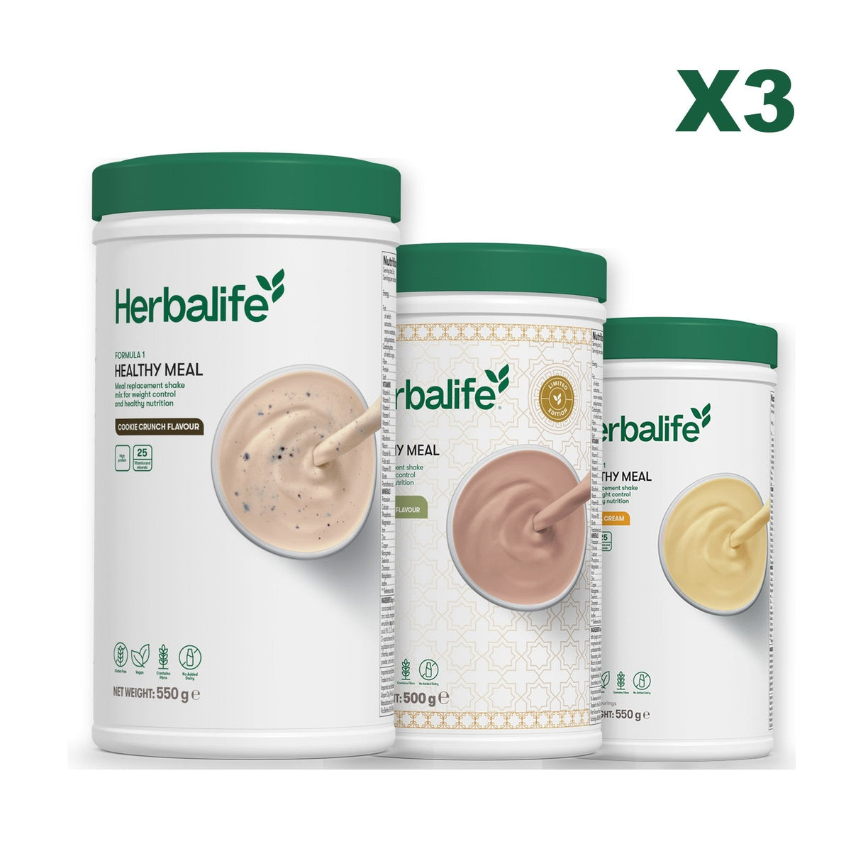 Three Formula 1 shake tubs led by Cookie Crunch, plus two flavours you choose, Dubai Style Chocolate / Banana Cream