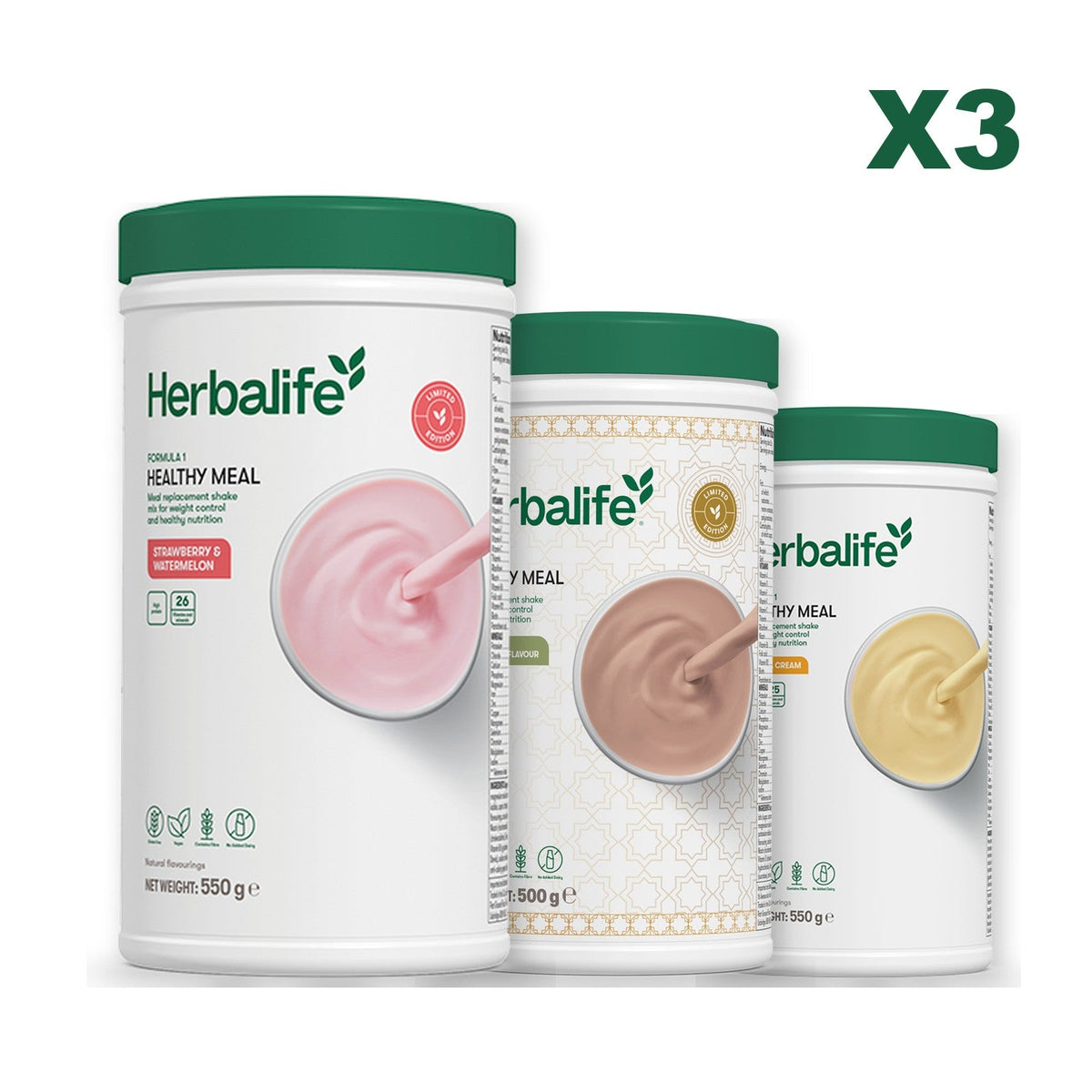 Formula 1 Strawberry Watermelon meal shake tub shown with two further Formula 1 tubs, Dubai Style Chocolate / Banana Cream