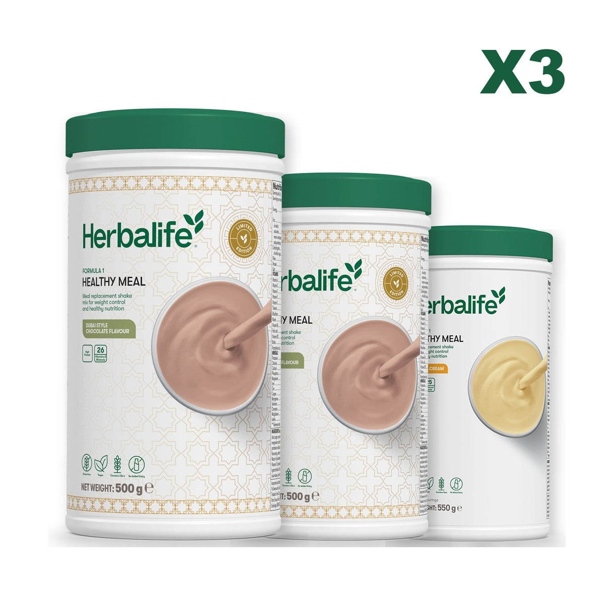 Formula 1 Dubai Style Chocolate meal shake tub shown with two further Formula 1 tubs, Dubai Style Chocolate / Banana Cream