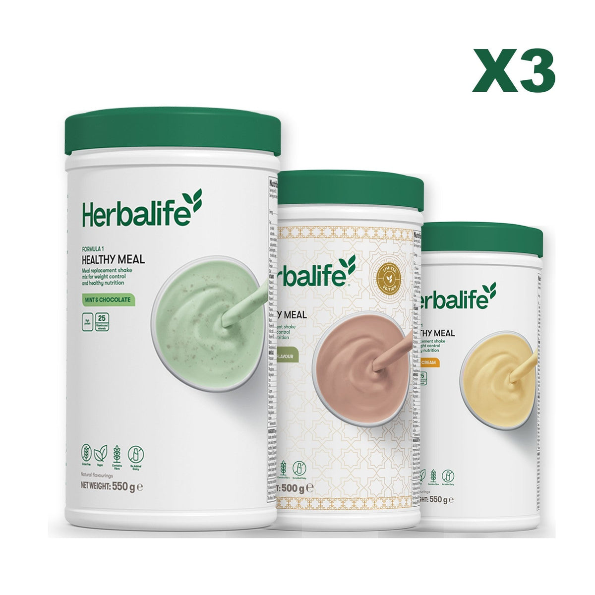 Three Formula 1 shake tubs led by Mint Chocolate, plus two flavours you choose, Dubai Style Chocolate / Banana Cream