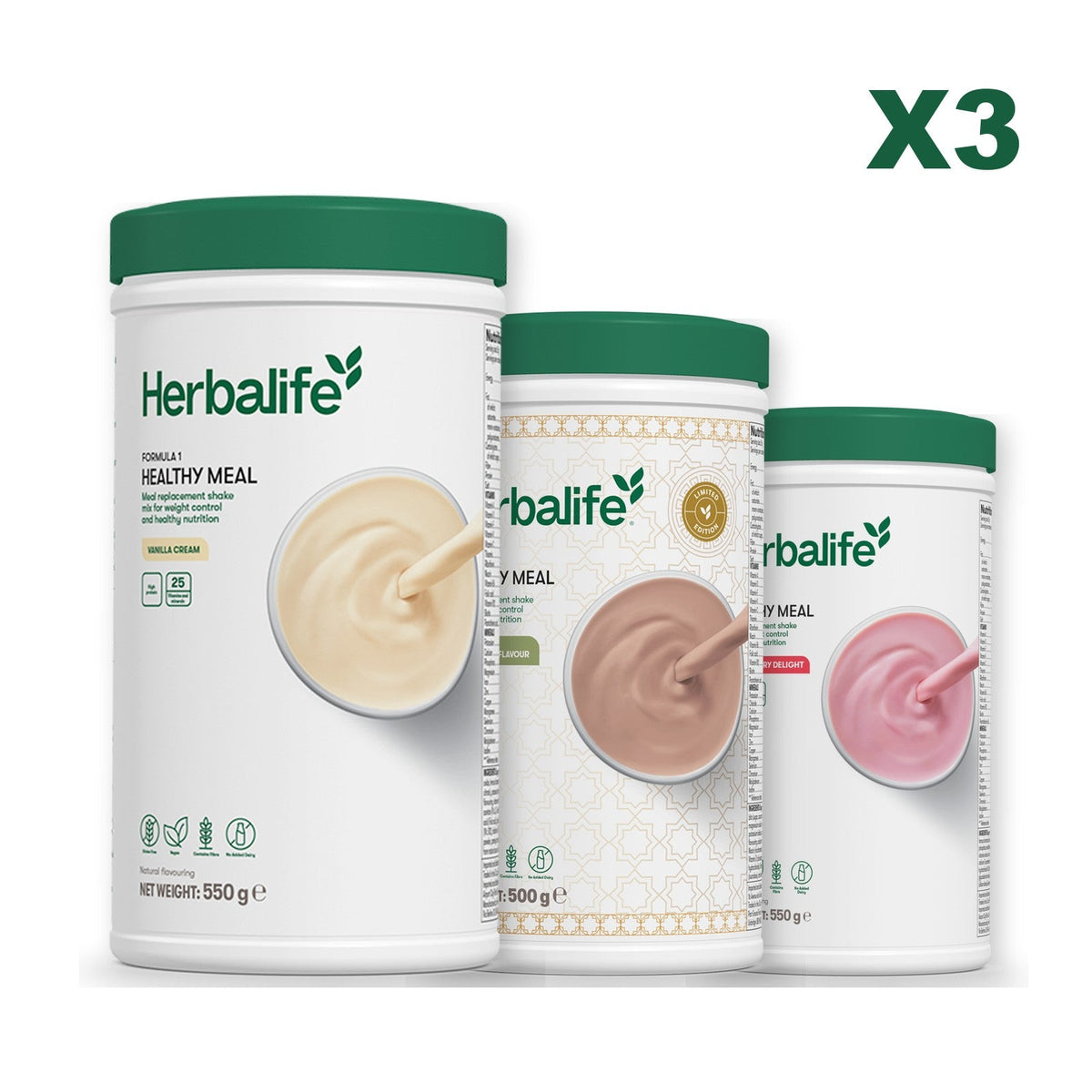 Three Formula 1 shake tubs led by Vanilla Cream, plus two flavours you choose, Dubai Style Chocolate / Strawberry
