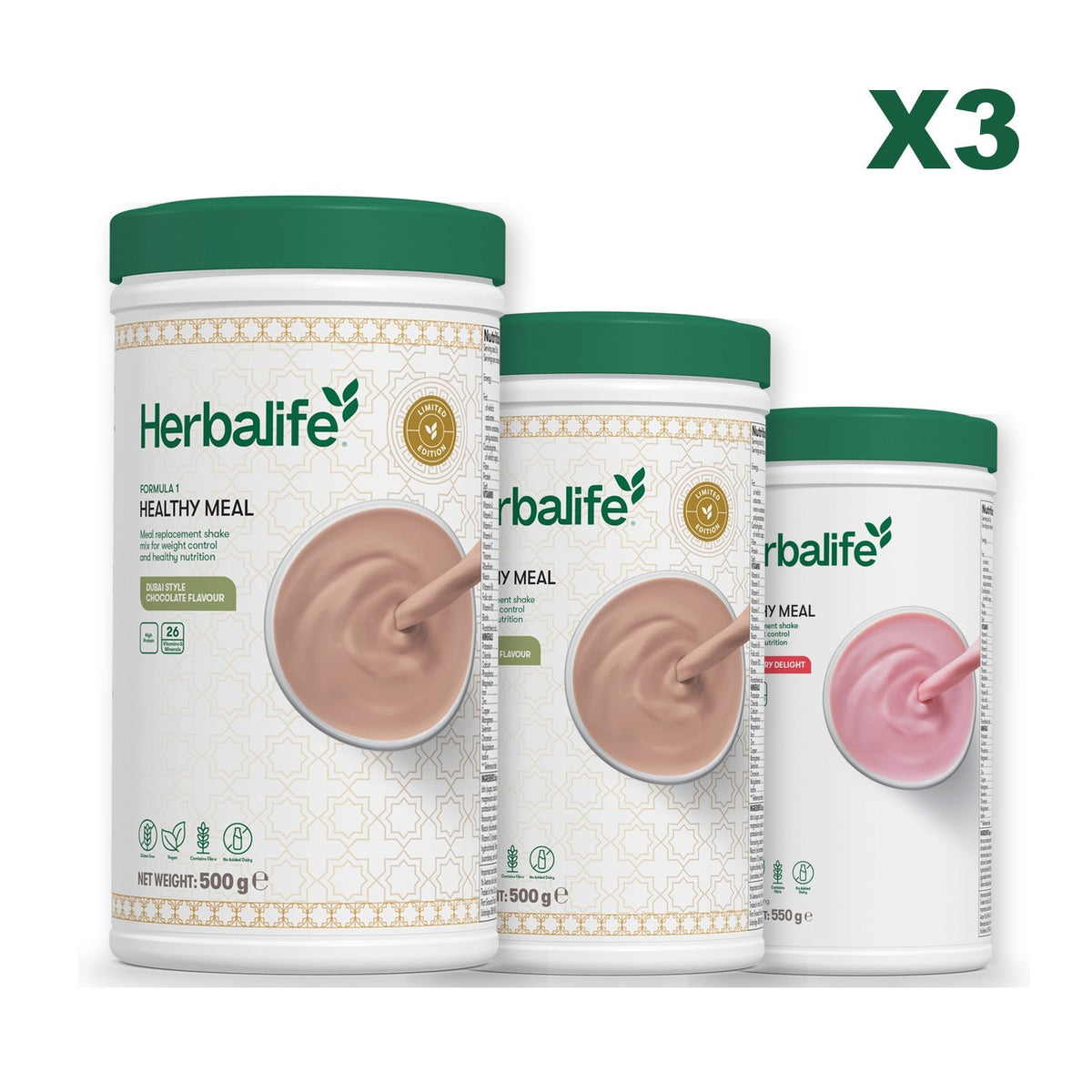 Formula 1 Dubai Style Chocolate meal shake tub shown with two further Formula 1 tubs, Dubai Style Chocolate / Strawberry