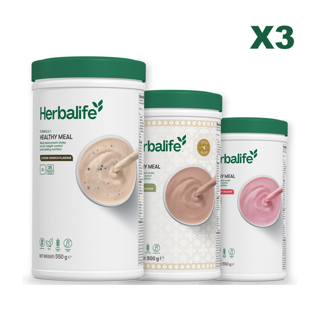 Three Formula 1 shake tubs led by Cookie Crunch, plus two flavours you choose, Dubai Style Chocolate / Strawberry
