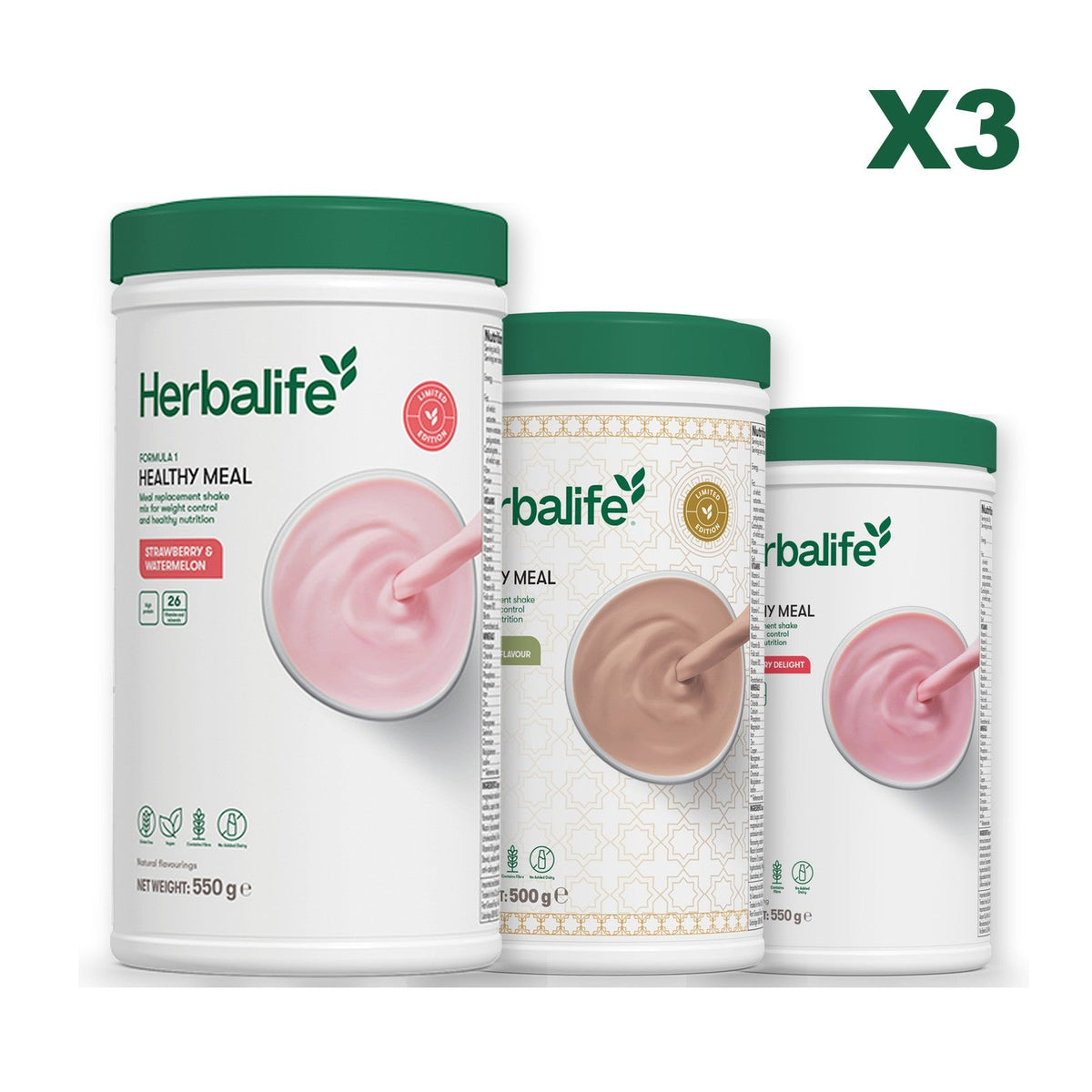 Formula 1 Strawberry Watermelon meal shake tub shown with two further Formula 1 tubs, Dubai Style Chocolate / Strawberry