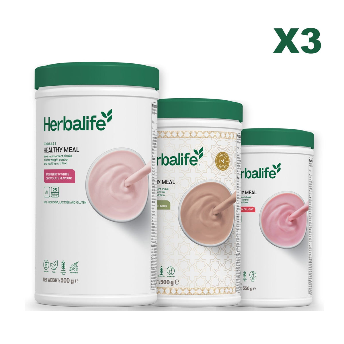 Three Formula 1 shake tubs led by Free From Raspberry and White Chocolate, plus two flavours you choose, Dubai Style Chocolate / Strawberry