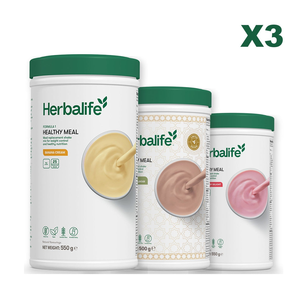 Three Formula 1 shake tubs led by Banana Cream, plus two flavours you choose, Dubai Style Chocolate / Strawberry