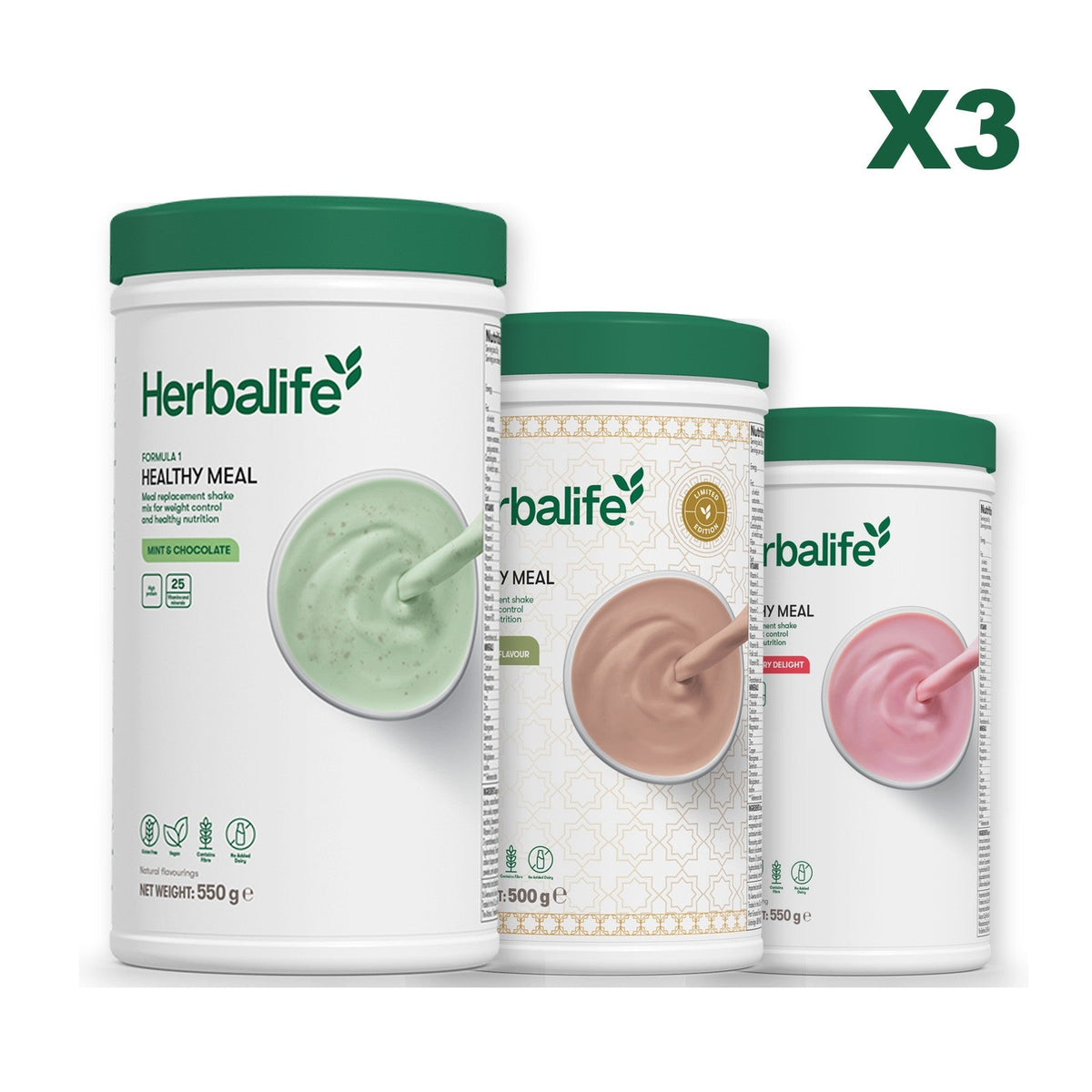 Three Formula 1 shake tubs led by Mint Chocolate, plus two flavours you choose, Dubai Style Chocolate / Strawberry