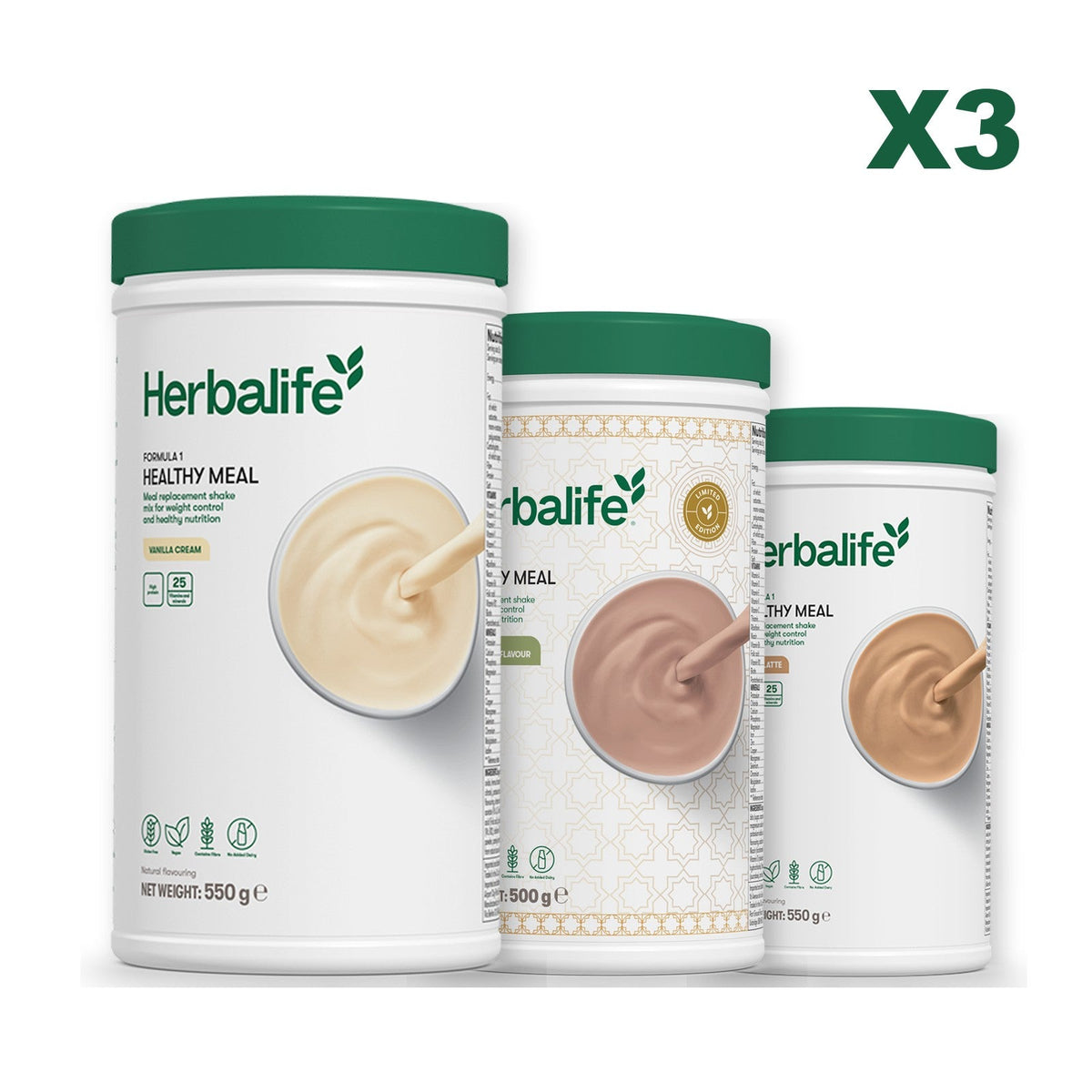 Three Formula 1 shake tubs led by Vanilla Cream, plus two flavours you choose, Dubai Style Chocolate / Cafe Latte