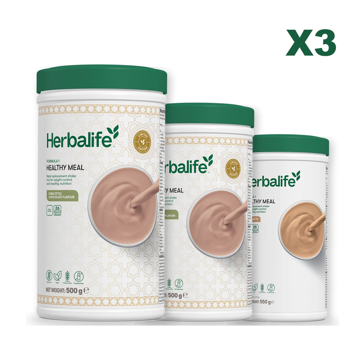 Formula 1 Dubai Style Chocolate meal shake tub shown with two further Formula 1 tubs, Dubai Style Chocolate / Cafe Latte