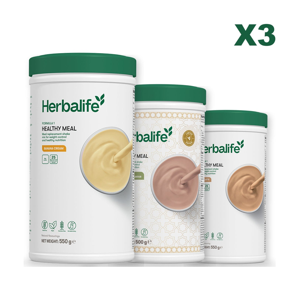Three Formula 1 shake tubs led by Banana Cream, plus two flavours you choose, Dubai Style Chocolate / Cafe Latte