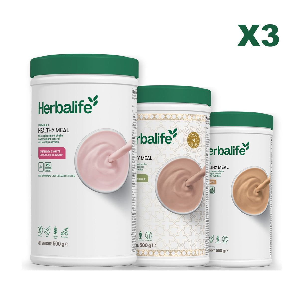 Three Formula 1 shake tubs led by Free From Raspberry and White Chocolate, plus two flavours you choose, Dubai Style Chocolate / Cafe Latte