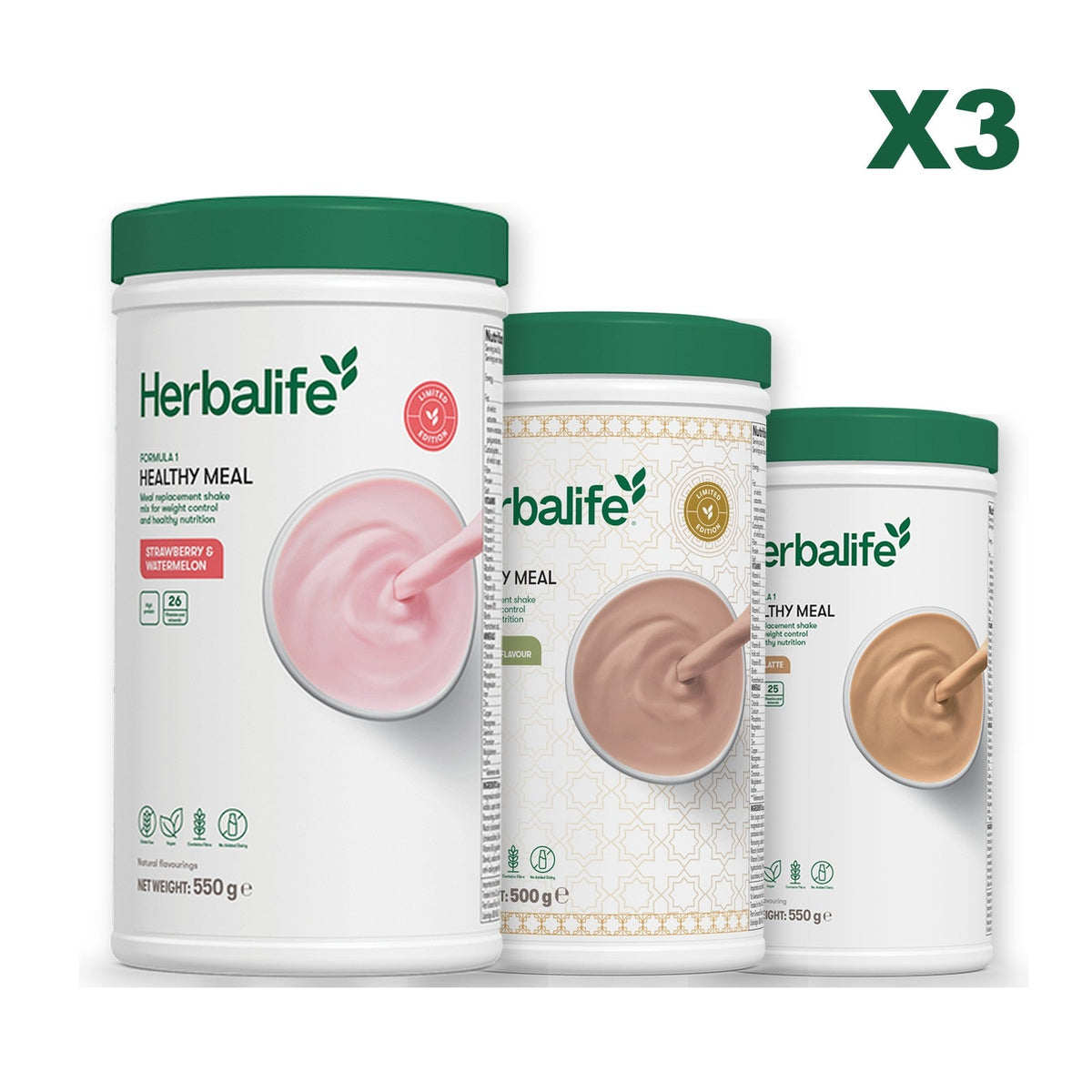 Formula 1 Strawberry Watermelon meal shake tub shown with two further Formula 1 tubs, Dubai Style Chocolate / Cafe Latte