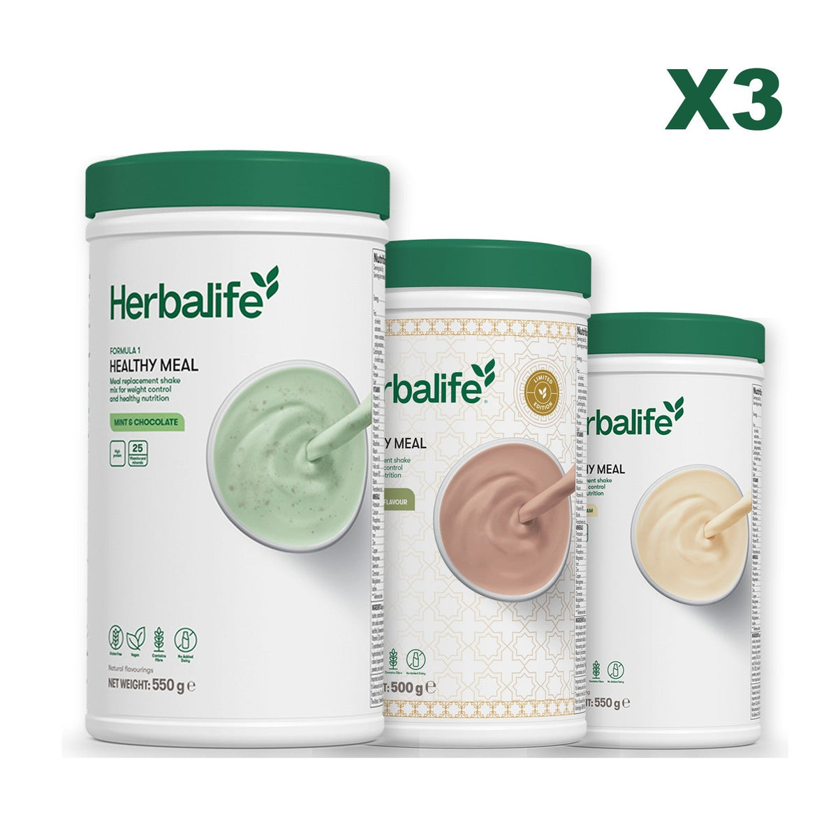 Three Formula 1 shake tubs led by Mint Chocolate, plus two flavours you choose, Dubai Style Chocolate / Vanilla