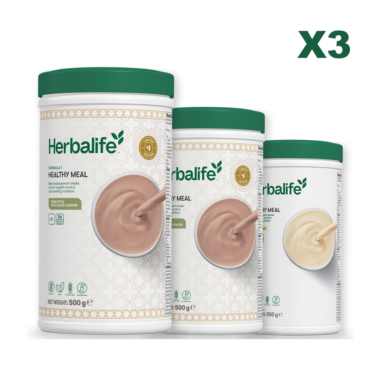 Formula 1 Dubai Style Chocolate meal shake tub shown with two further Formula 1 tubs, Dubai Style Chocolate / Vanilla