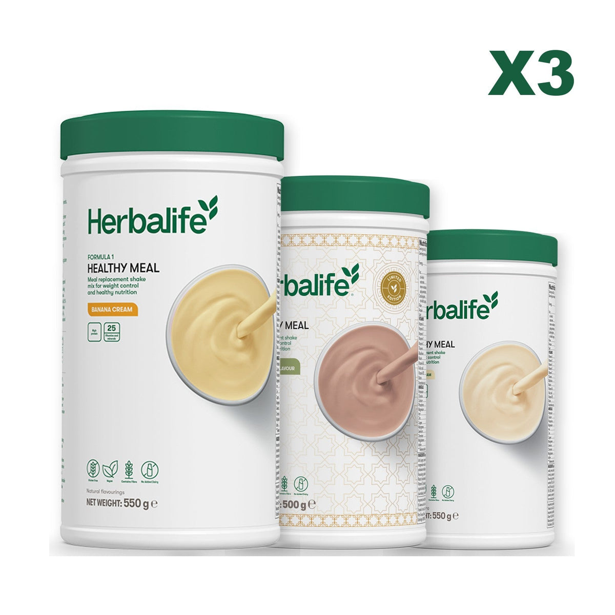 Three Formula 1 shake tubs led by Banana Cream, plus two flavours you choose, Dubai Style Chocolate / Vanilla