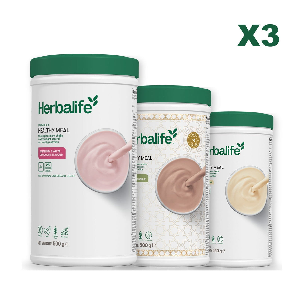 Three Formula 1 shake tubs led by Free From Raspberry and White Chocolate, plus two flavours you choose, Dubai Style Chocolate / Vanilla