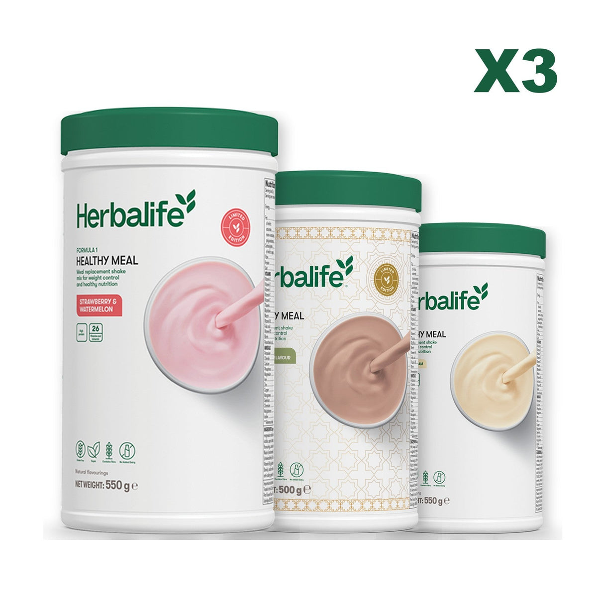 Formula 1 Strawberry Watermelon meal shake tub shown with two further Formula 1 tubs, Dubai Style Chocolate / Vanilla