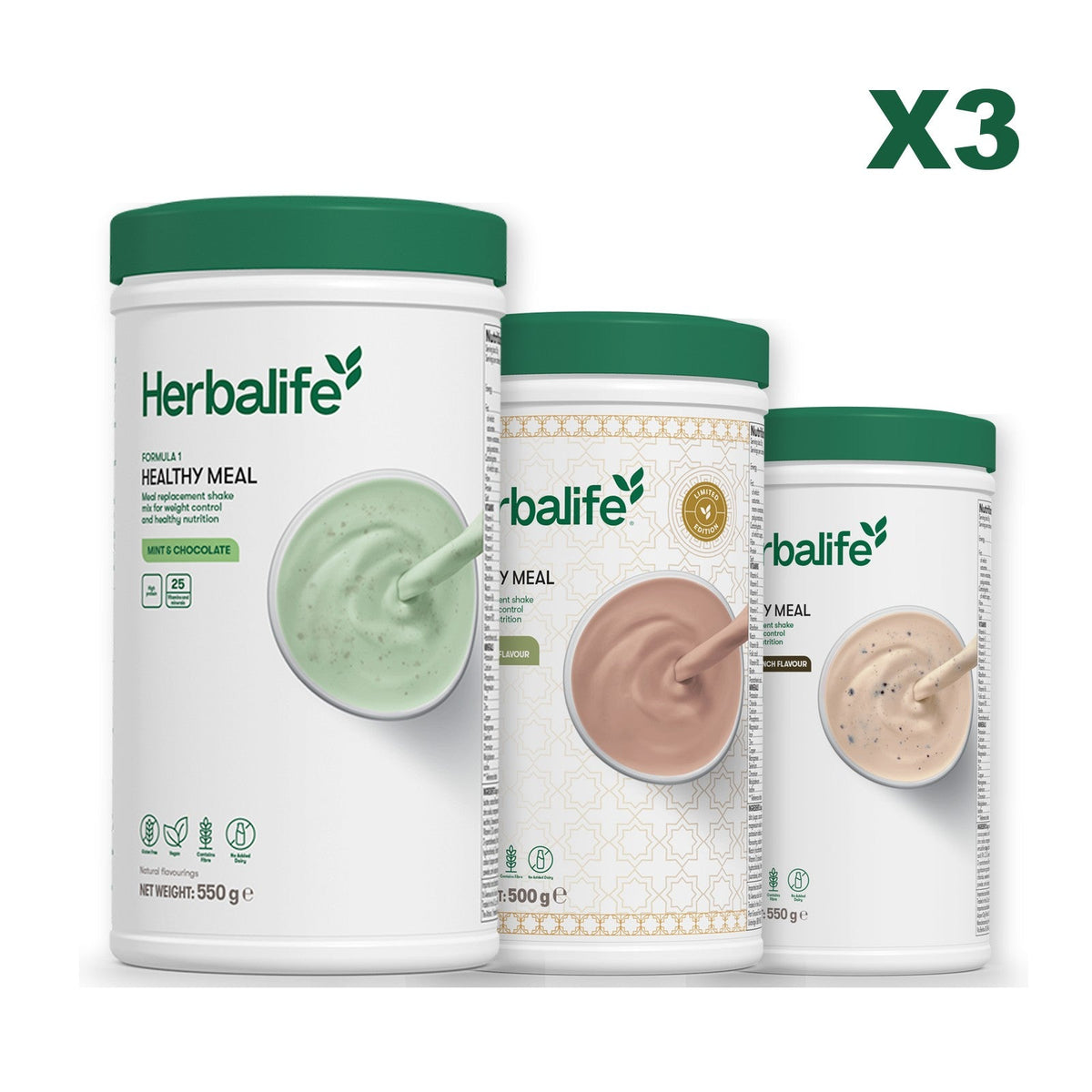 Three Formula 1 shake tubs led by Mint Chocolate, plus two flavours you choose, Dubai Style Chocolate / Cookie Crunch
