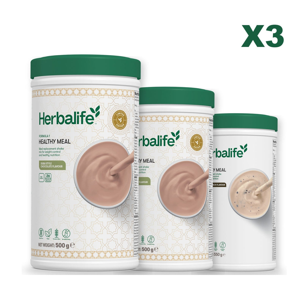 Formula 1 Dubai Style Chocolate meal shake tub shown with two further Formula 1 tubs, Dubai Style Chocolate / Cookie Crunch