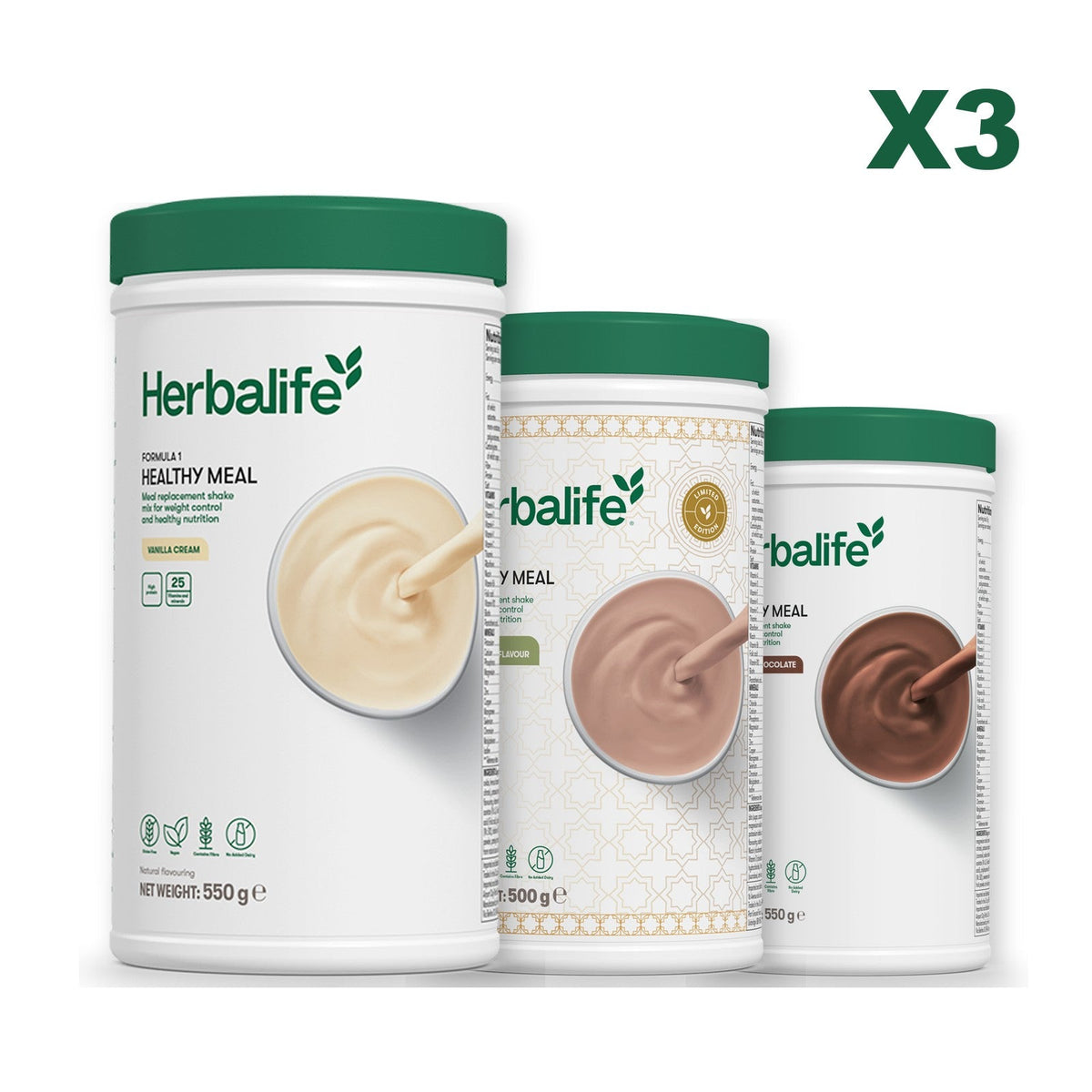 Three Formula 1 shake tubs led by Vanilla Cream, plus two flavours you choose, Dubai Style Chocolate / Chocolate