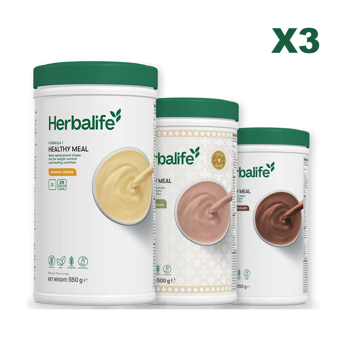 Three Formula 1 shake tubs led by Banana Cream, plus two flavours you choose, Dubai Style Chocolate / Chocolate
