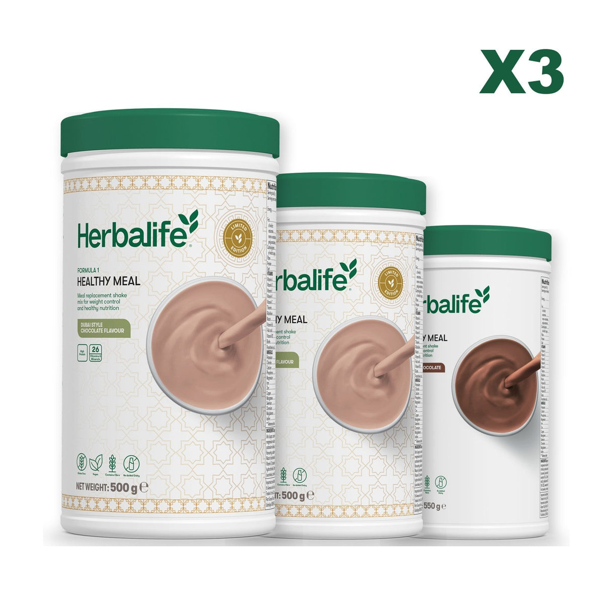 Formula 1 Dubai Style Chocolate meal shake tub shown with two further Formula 1 tubs, Dubai Style Chocolate / Chocolate