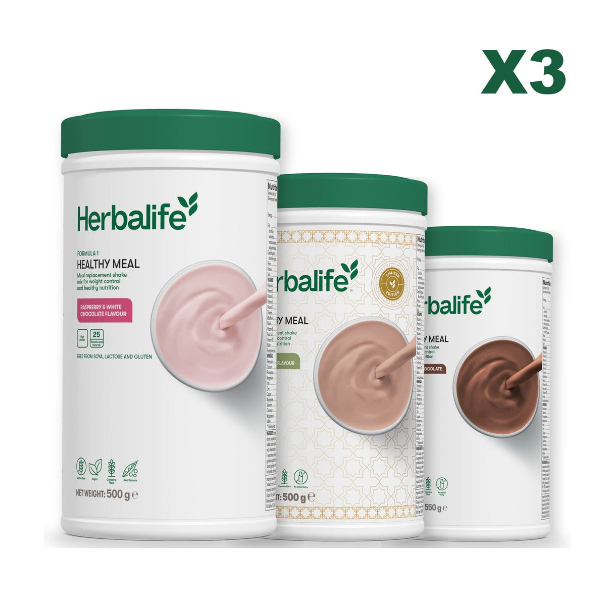 Three Formula 1 shake tubs led by Free From Raspberry and White Chocolate, plus two flavours you choose, Dubai Style Chocolate / Chocolate