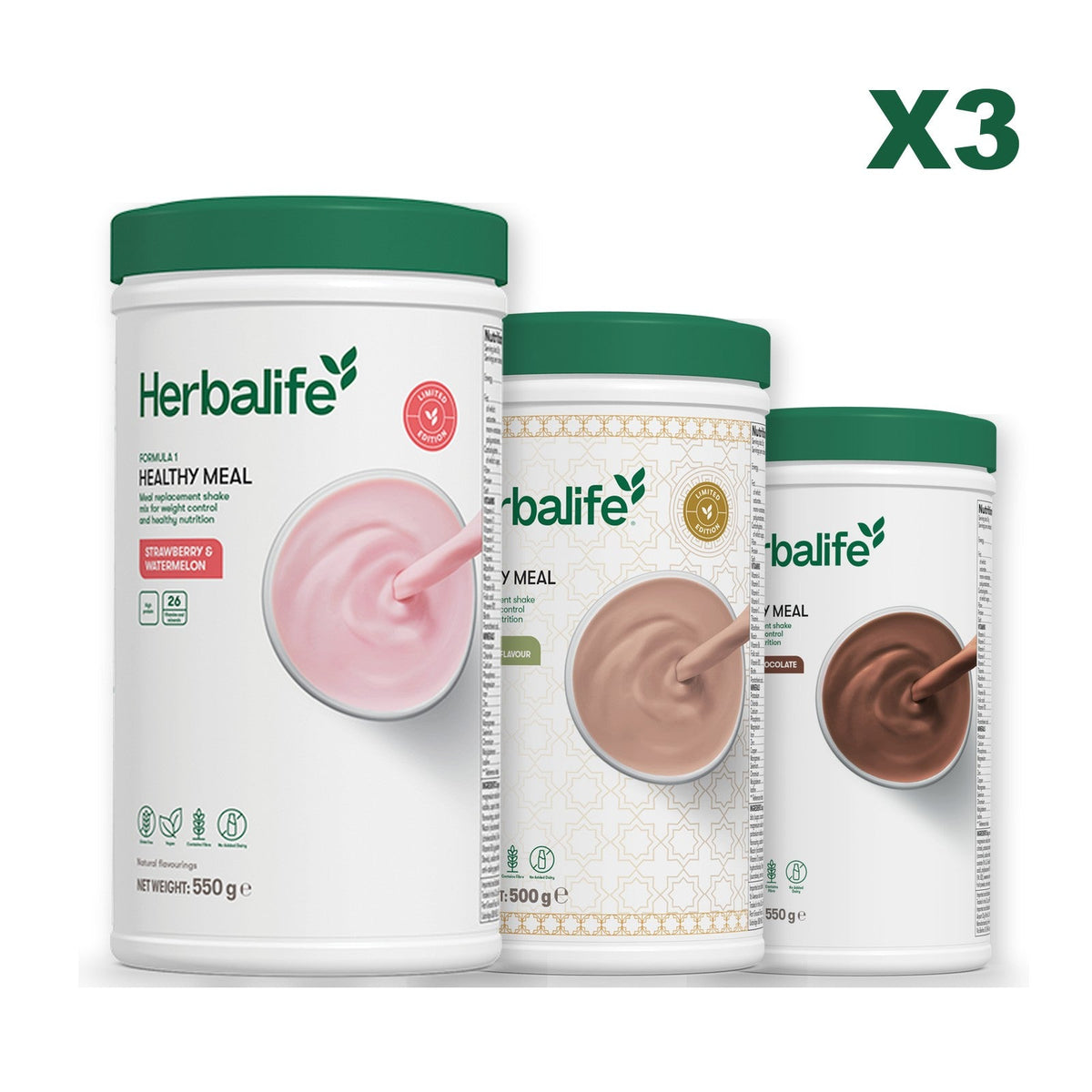 Formula 1 Strawberry Watermelon meal shake tub shown with two further Formula 1 tubs, Dubai Style Chocolate / Chocolate