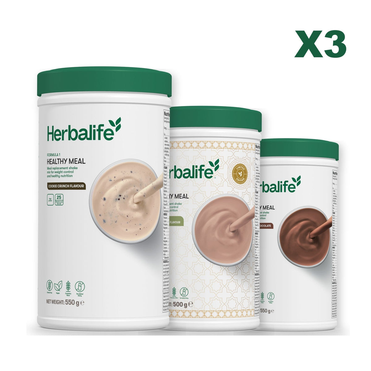 Three Formula 1 shake tubs led by Cookie Crunch, plus two flavours you choose, Dubai Style Chocolate / Chocolate