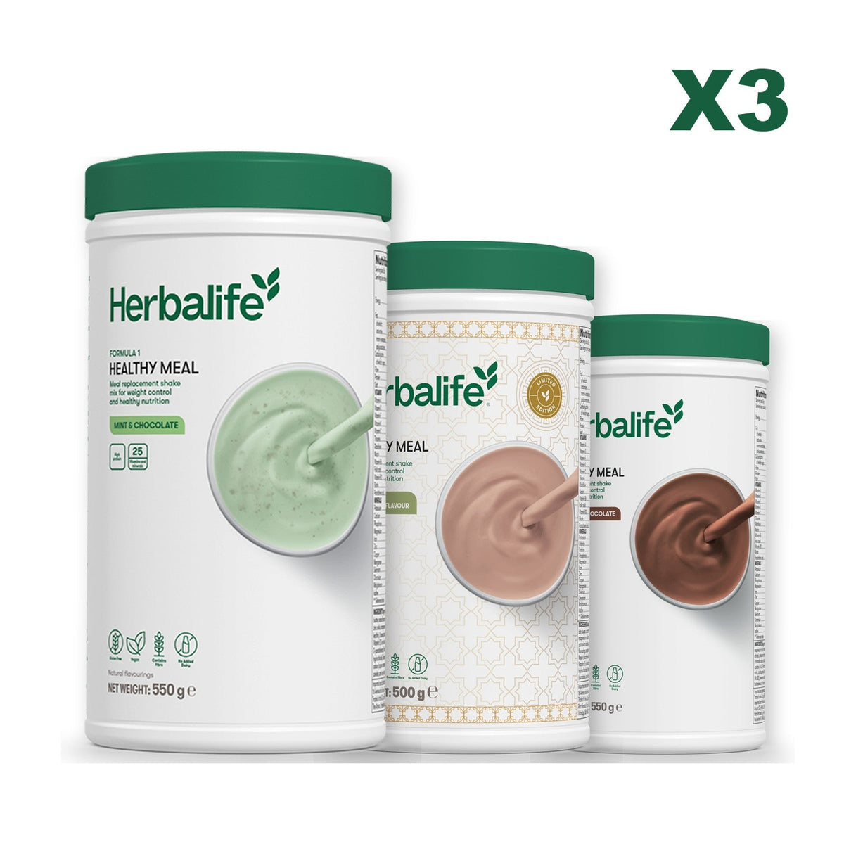 Three Formula 1 shake tubs led by Mint Chocolate, plus two flavours you choose, Dubai Style Chocolate / Chocolate