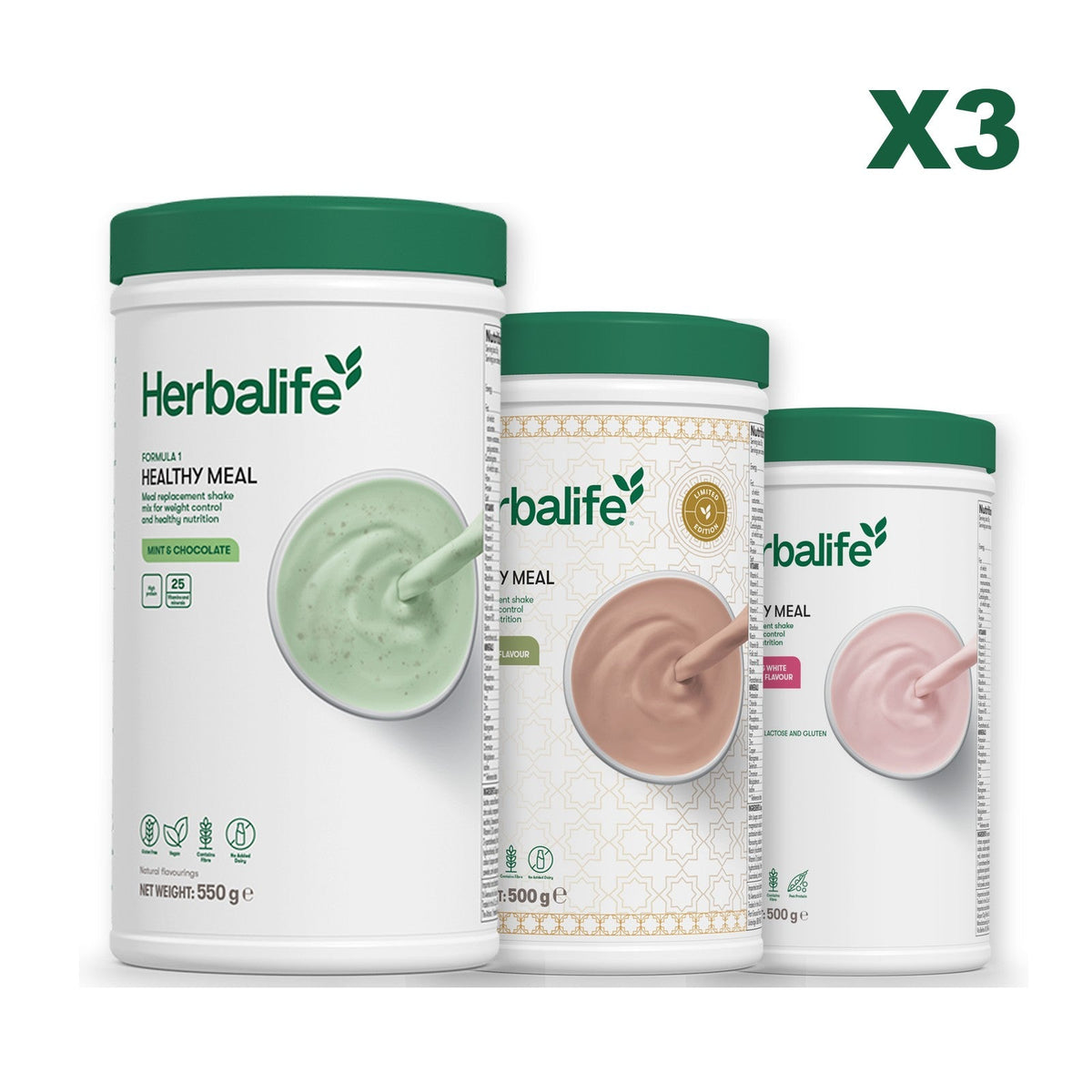 Three Formula 1 shake tubs led by Mint Chocolate, plus two flavours you choose, Dubai Style Chocolate / Free From Raspberry & White Chocolate