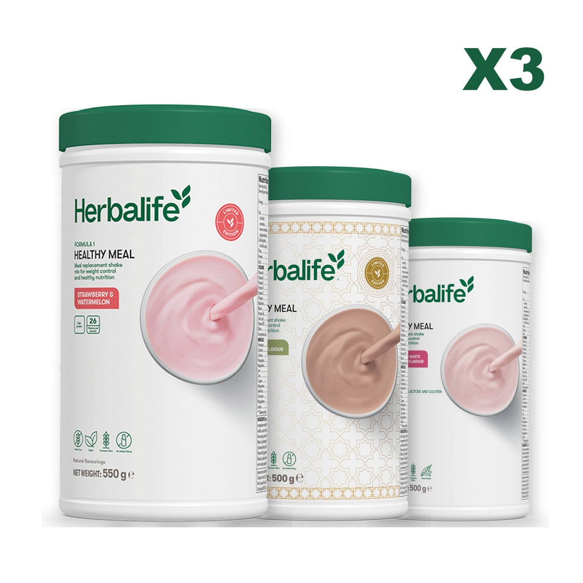 Formula 1 Strawberry Watermelon meal shake tub shown with two further Formula 1 tubs, Dubai Style Chocolate / Free From Raspberry & White Chocolate