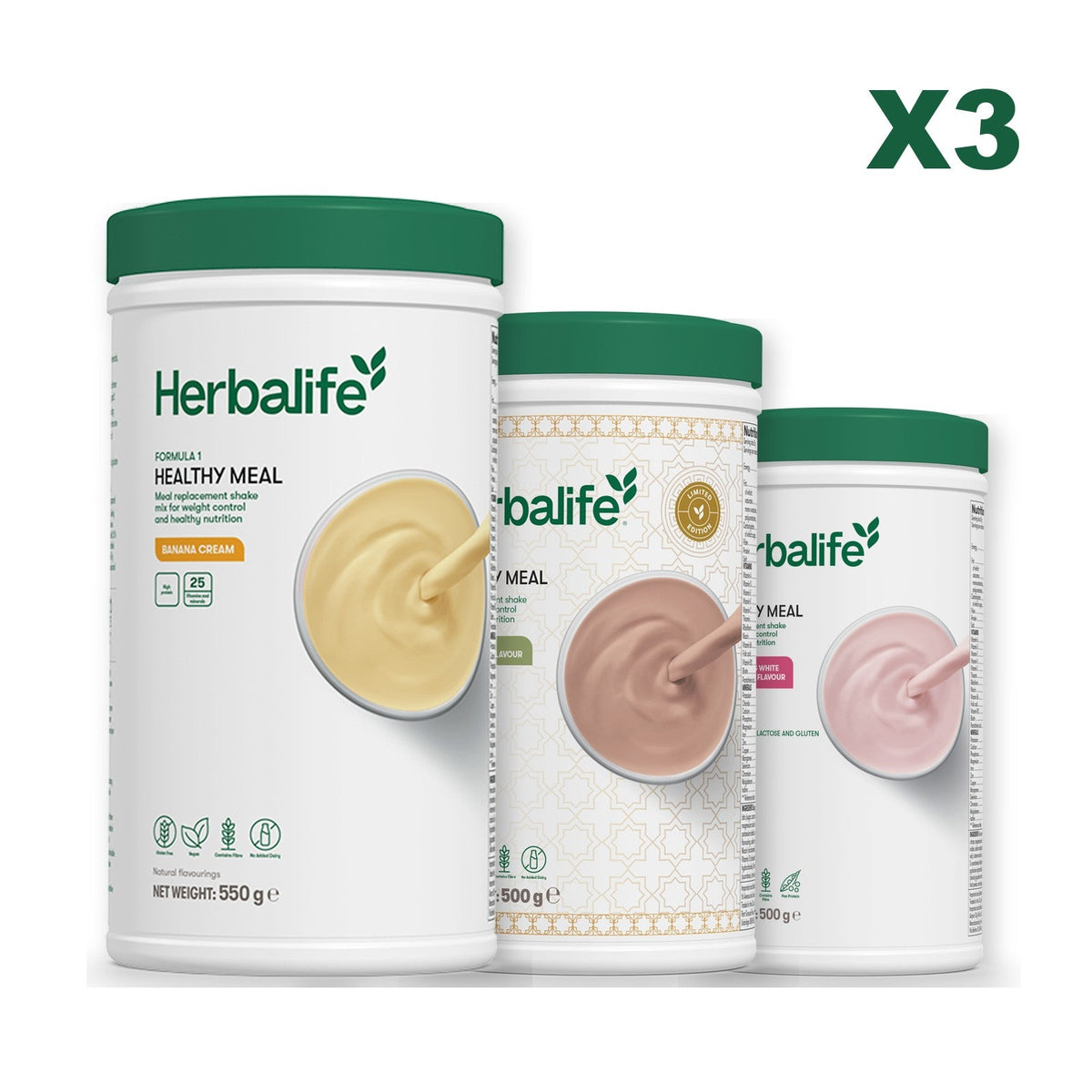 Three Formula 1 shake tubs led by Banana Cream, plus two flavours you choose, Dubai Style Chocolate / Free From Raspberry & White Chocolate