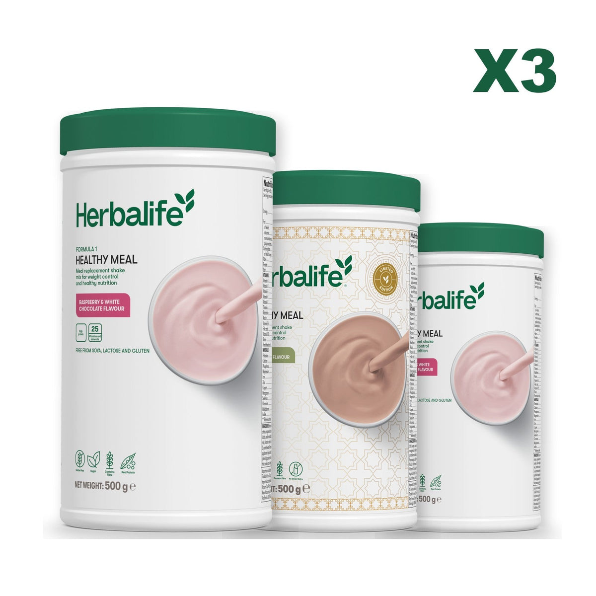 Three Formula 1 shake tubs led by Free From Raspberry and White Chocolate, plus two flavours you choose, Dubai Style Chocolate / Free From Raspberry & White Chocolate