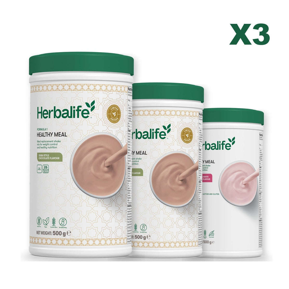 Formula 1 Dubai Style Chocolate meal shake tub shown with two further Formula 1 tubs, Dubai Style Chocolate / Free From Raspberry & White Chocolate
