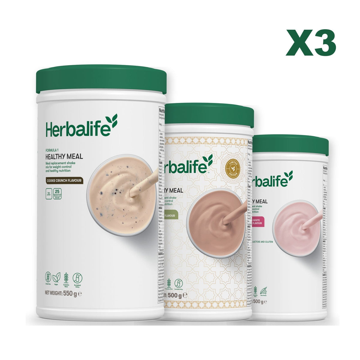 Three Formula 1 shake tubs led by Cookie Crunch, plus two flavours you choose, Dubai Style Chocolate / Free From Raspberry & White Chocolate